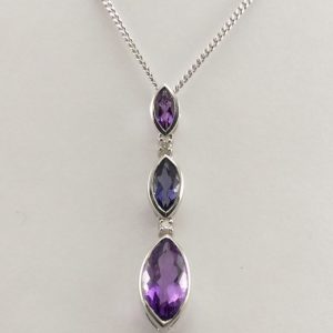 9ct White Gold Amethyst Iolite and Diamond pendant and Chain-0