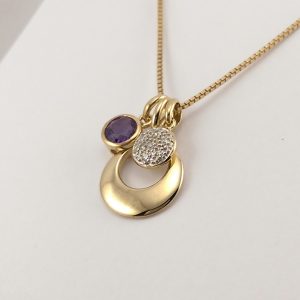 9ct Yellow Gold Amethyst Diamond Triple pendant on Venetian box chain-1020