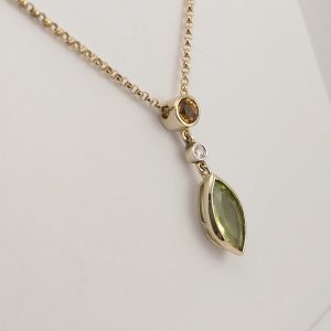 9ct Yellow Gold Peridot, Citrine and Diamond Pendant and Chain-1107