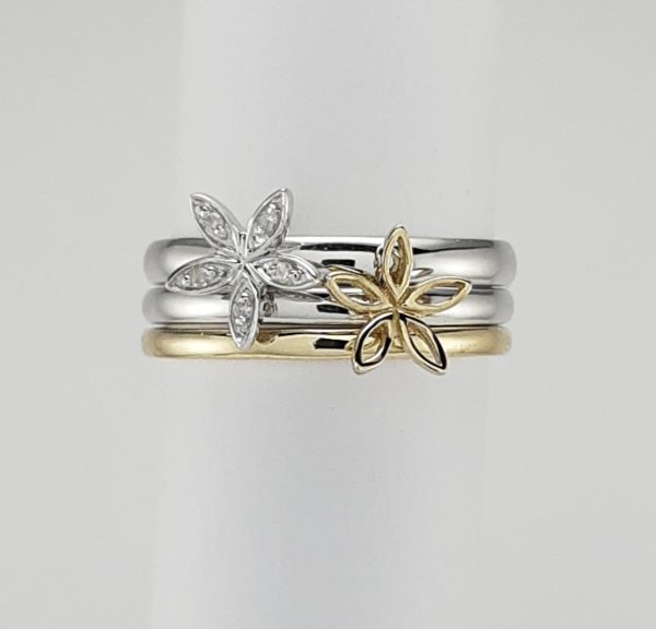 9ct Yellow and White Gold Diamond Flower Design Stacking Ring-1235