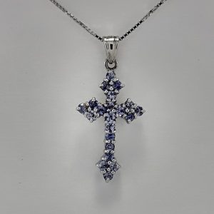 9ct White Gold Tanzanite Cross on Venetian Box Chain-1324