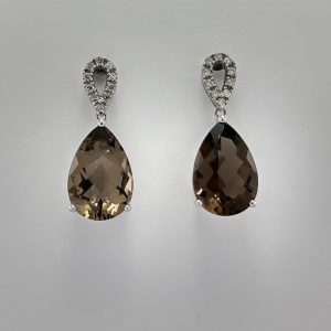 9ct White Gold Smoky Quartz and Diamond Drop Earrings-1419