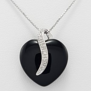 9ct White Gold Black Onyx and Diamond Heart Pendant and Chain-1389