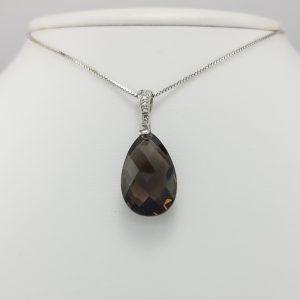 9ct White Gold Smoky Quartz and Diamond Drop Pendant on Chain-0