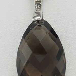 9ct White Gold Smoky Quartz and Diamond Drop Pendant on Chain-1370