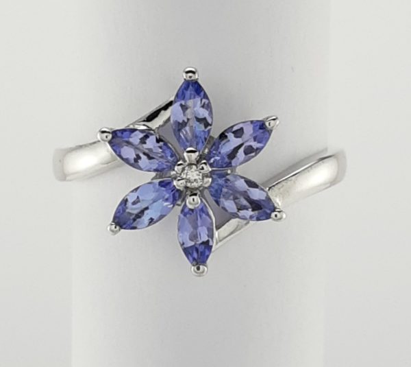 9ct White Gold Tanzanite and Diamond Flower Design Ring-1269