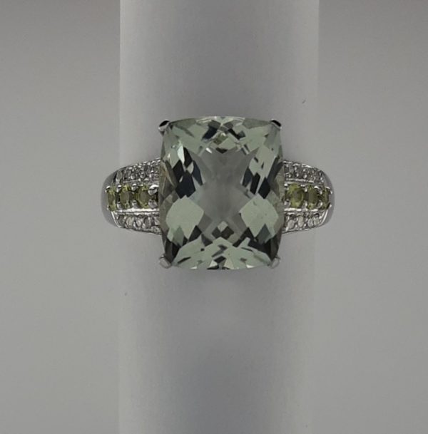 9ct White Gold Green Amethyst, Peridot and Diamond Ring-1244