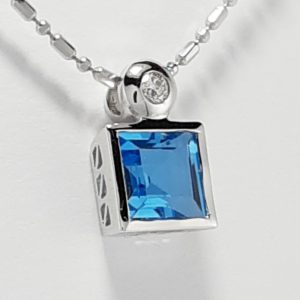 18ct White Gold Blue Topaz and Diamond Pendant on Chain-1450