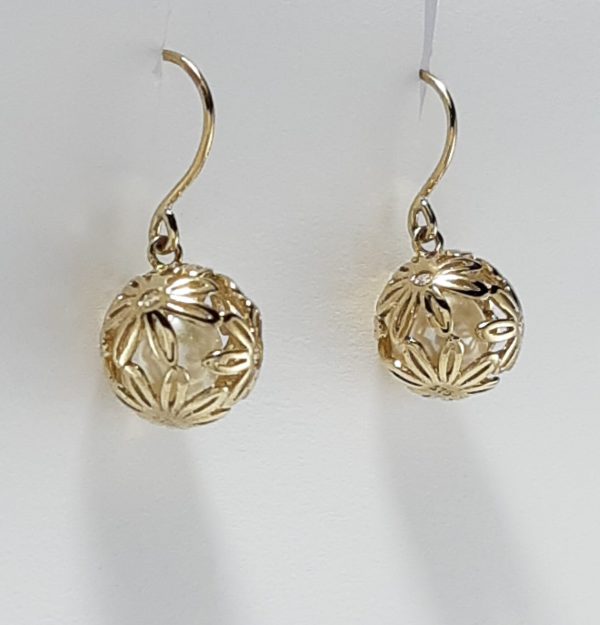 9ct Yellow Gold Diamond and Cultured Pearl Ball Drop Earrings-1453