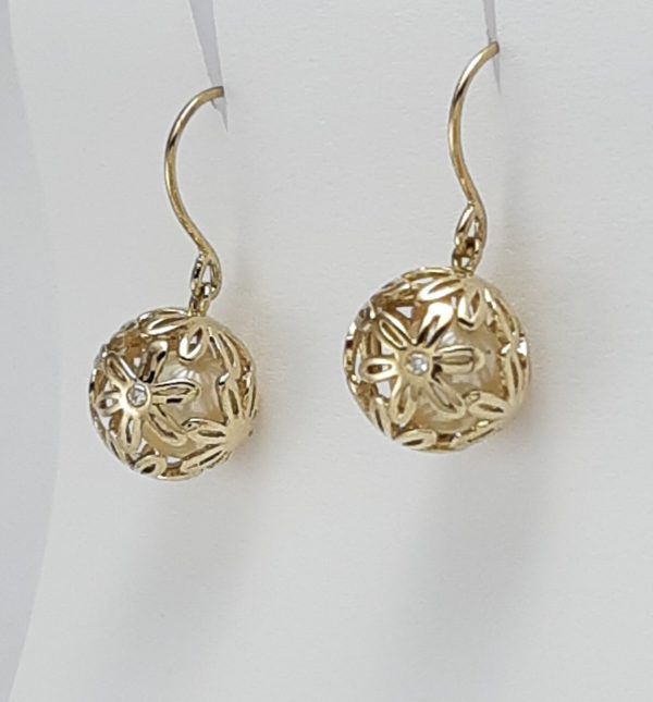 9ct Yellow Gold Diamond and Cultured Pearl Ball Drop Earrings-1454