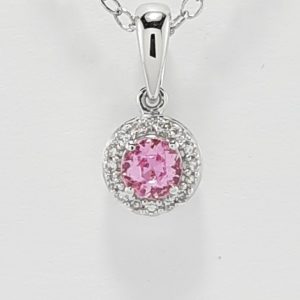 9ct White Gold Pink Sapphire and Diamond Cluster Pendant and Chain-1476