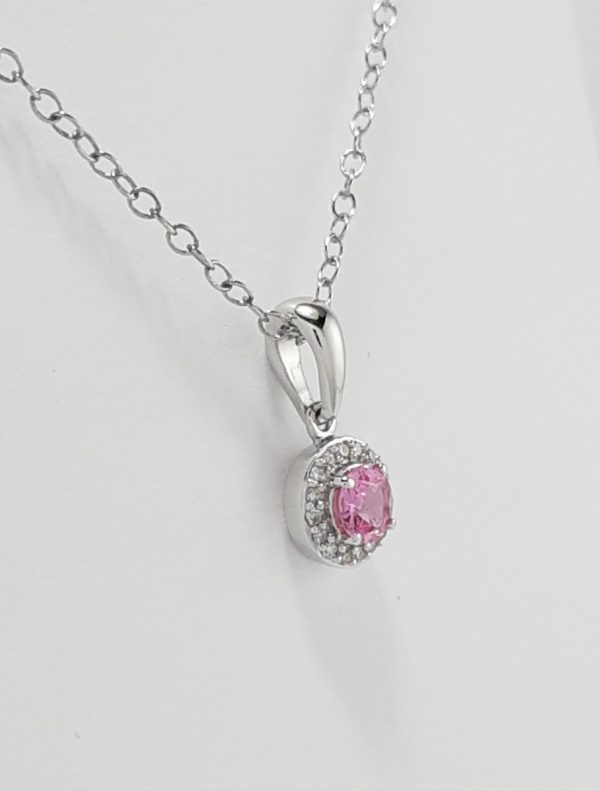 9ct White Gold Pink Sapphire and Diamond Cluster Pendant and Chain-1477