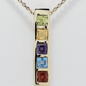 9ct Yellow Gold Multi Gem set Bar Pendant and Chain-1490