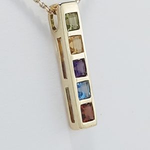 9ct Yellow Gold Multi Gem set Bar Pendant and Chain-1489