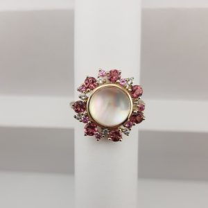 9ct Yellow Gold Pink Tourmailine,Pink Sapphire and Crystal Ring-1647